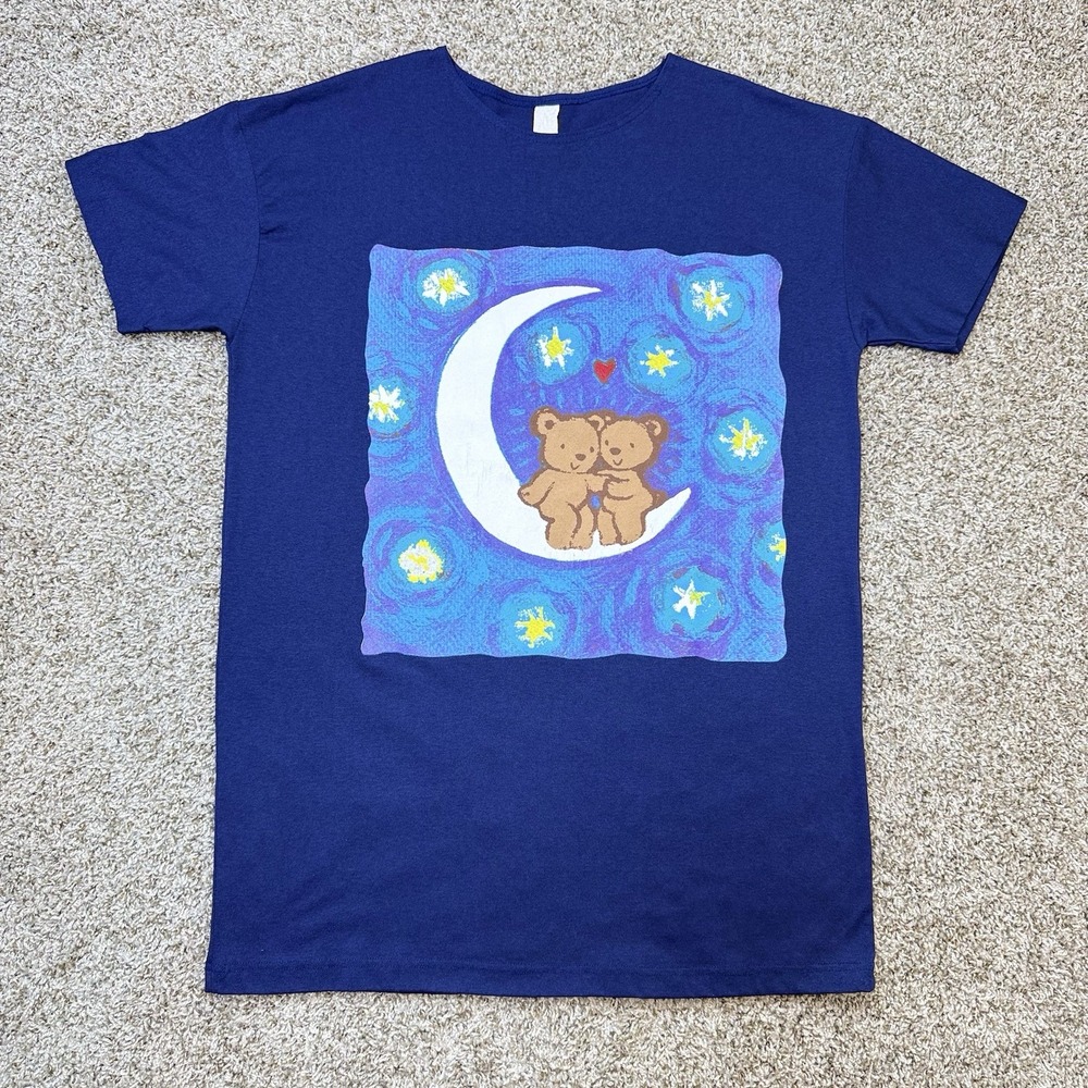 VTG Teddy Bears Moon Stars Sleep Shirt Nightgown One Size Blue 90s Cotton USA